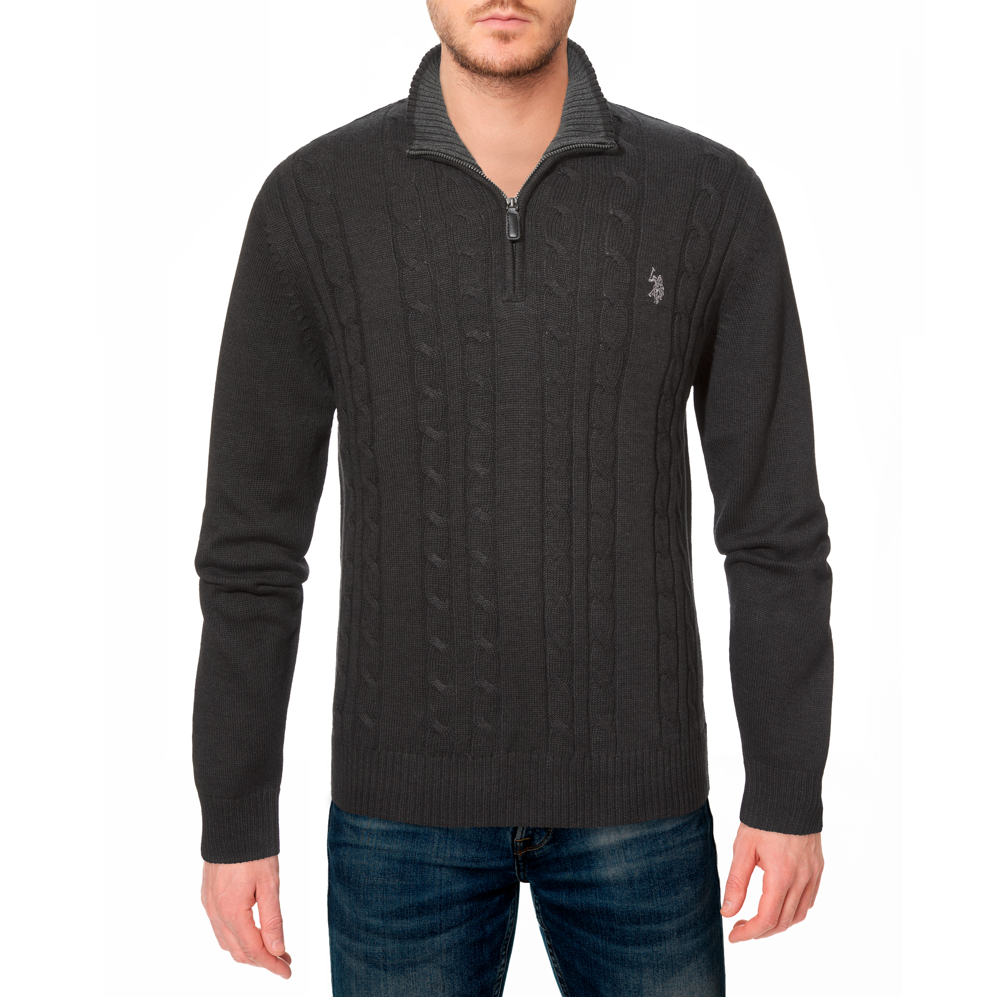 U.S. Polo Assn. mens Cable Knit 1/4 Zip Sweater (Charcoal Heather, XL)